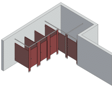 An isometric view of a standard 4 stalls, alcove right hand toilet partition layout