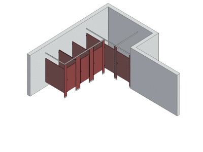 An isometric view of a standard 4 stalls, alcove right hand toilet partition layout