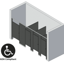 An isometric view of a ADA 4 stalls, between walls left hand toilet partition layout