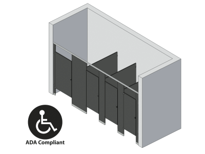 An isometric view of a ADA 4 stalls, between walls left hand toilet partition layout