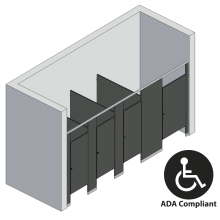 An isometric view of a ADA 4 stalls, between walls right hand toilet partition layout