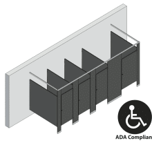 An isometric view of a ADA 4 stalls, free standing right hand toilet partition layout