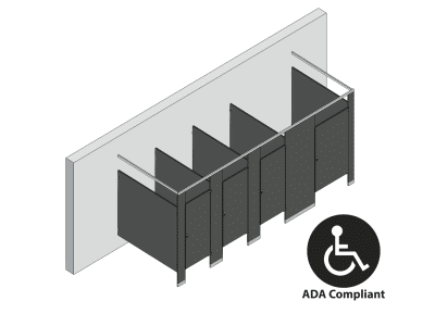 An isometric view of a ADA 4 stalls, free standing right hand toilet partition layout