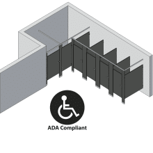 An isometric view of a ADA 5 stalls, alcove left hand toilet partition layout