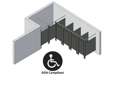 An isometric view of a ADA 5 stalls, alcove left hand toilet partition layout