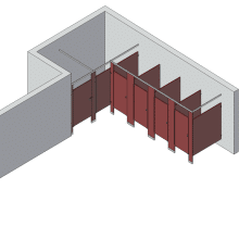 An isometric view of a standard 5 stalls, alcove left hand toilet partition layout