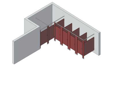 An isometric view of a standard 5 stalls, alcove left hand toilet partition layout