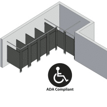 An isometric view of a ADA 5 stalls, alcove right hand toilet partition layout