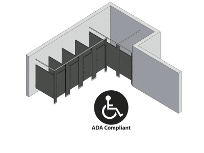 An isometric view of a ADA 5 stalls, alcove right hand toilet partition layout