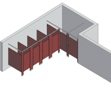 An isometric view of a standard 5 stalls, alcove right hand toilet partition layout