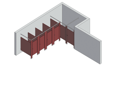 An isometric view of a standard 5 stalls, alcove right hand toilet partition layout