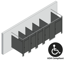 An isometric view of a ADA 5 stalls, free standing right hand toilet partition layout