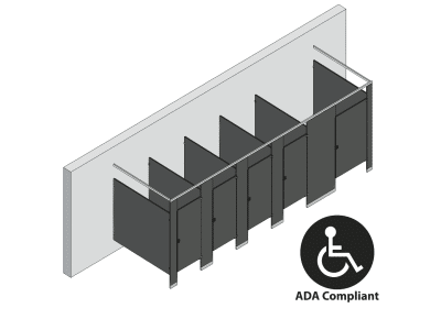 An isometric view of a ADA 5 stalls, free standing right hand toilet partition layout