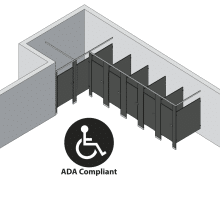 An isometric view of a ADA 6 stalls, alcove left hand toilet partition layout