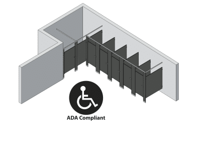 An isometric view of a ADA 6 stalls, alcove left hand toilet partition layout