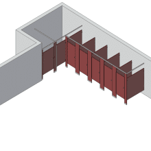 An isometric view of a standard 6 stalls, alcove left hand toilet partition layout