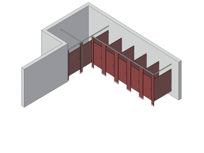 An isometric view of a standard 6 stalls, alcove left hand toilet partition layout