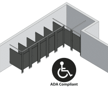 An isometric view of a ADA 6 stalls, alcove right hand toilet partition layout