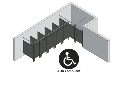 An isometric view of a ADA 6 stalls, alcove right hand toilet partition layout