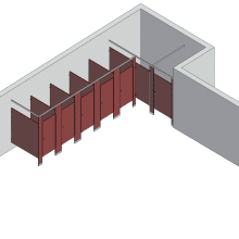 An isometric view of a standard 6 stalls, alcove right hand toilet partition layout