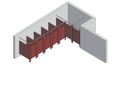 An isometric view of a standard 6 stalls, alcove right hand toilet partition layout