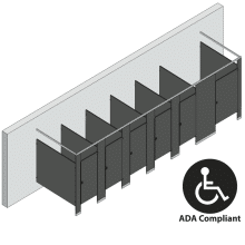 An isometric view of a ADA 6 stalls, free standing right hand toilet partition layout