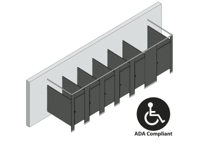 An isometric view of a ADA 6 stalls, free standing right hand toilet partition layout