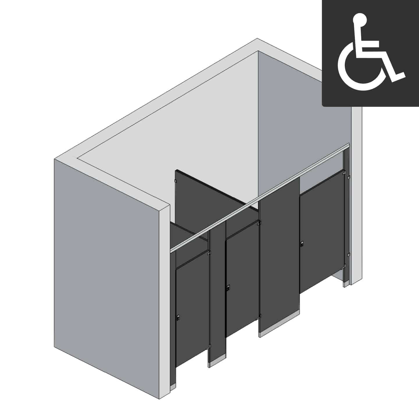 Bathroom Partitions - 3 Stalls - Right Hand Between Walls ADA