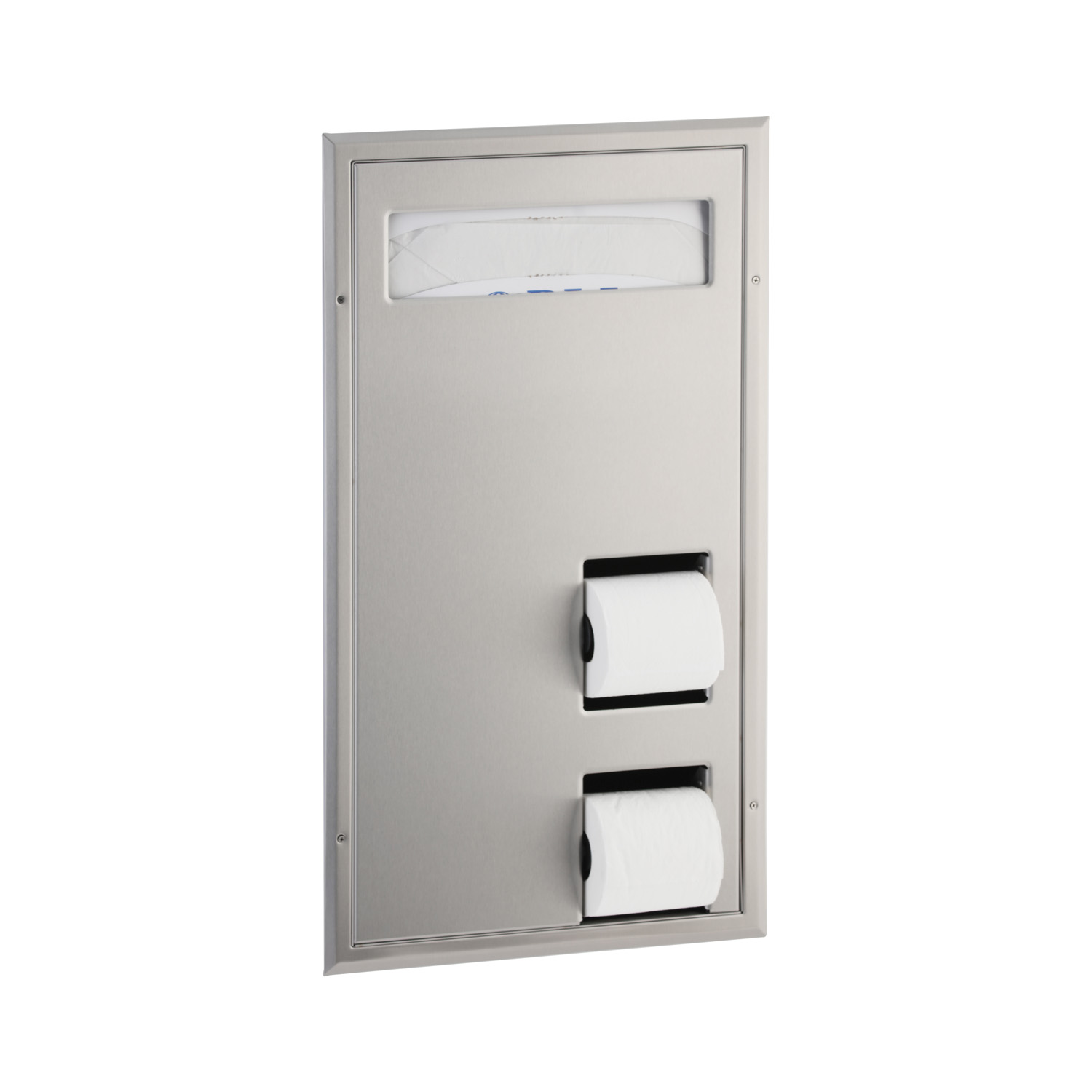 Partition-Mounted Toilet Tissue / Seat Cover Dispenser, Left Side While Seated, Satin Finish