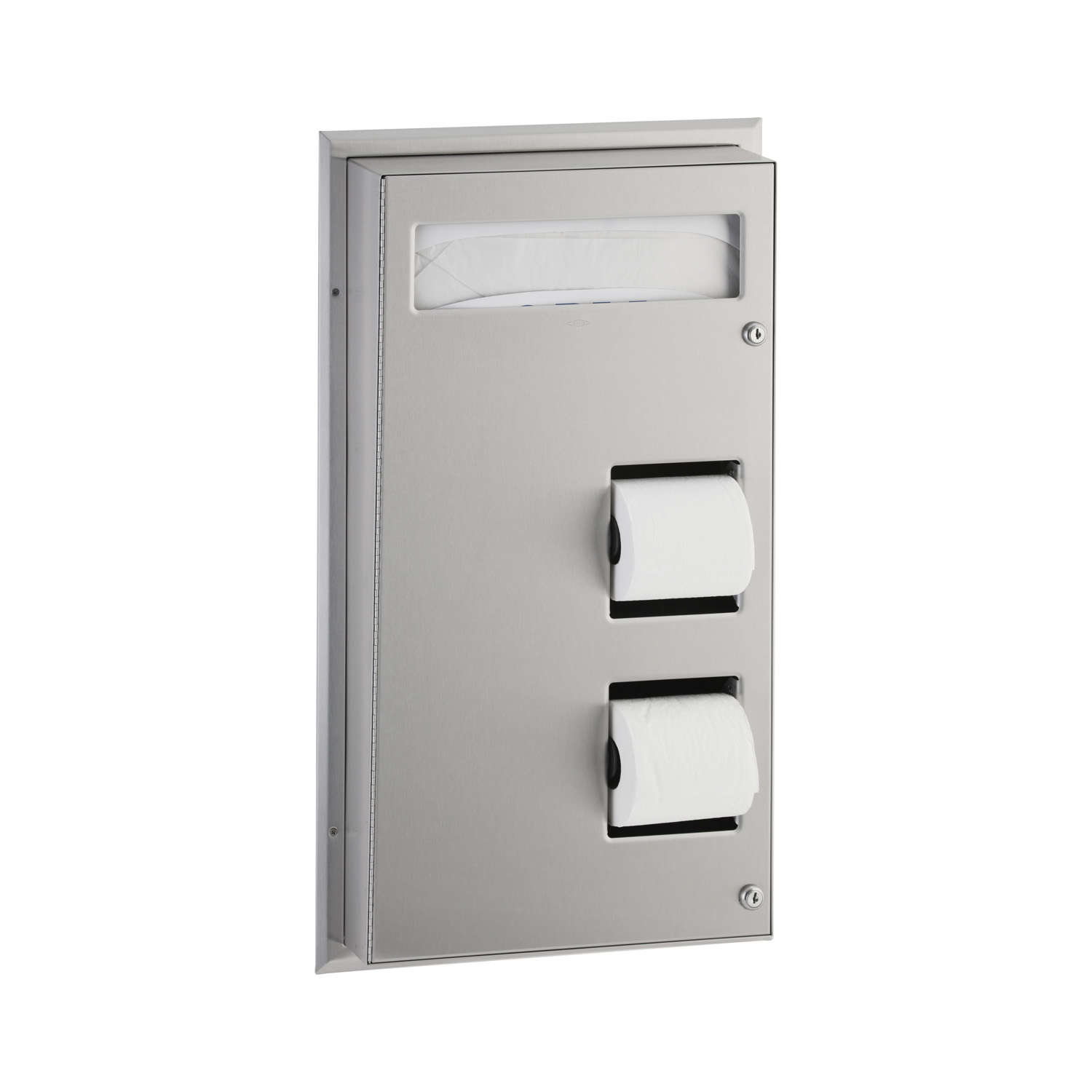Partition-Mounted Toilet Tissue / Seat Cover Dispenser, Satin Finish